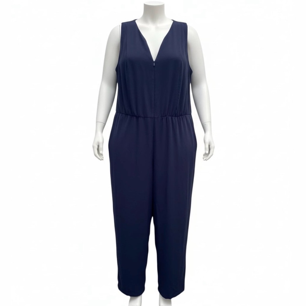 Eloquii Wide Leg Sleeveless V Neck Jumpsuit Plus Size Navy Blue One Piece Sz 22